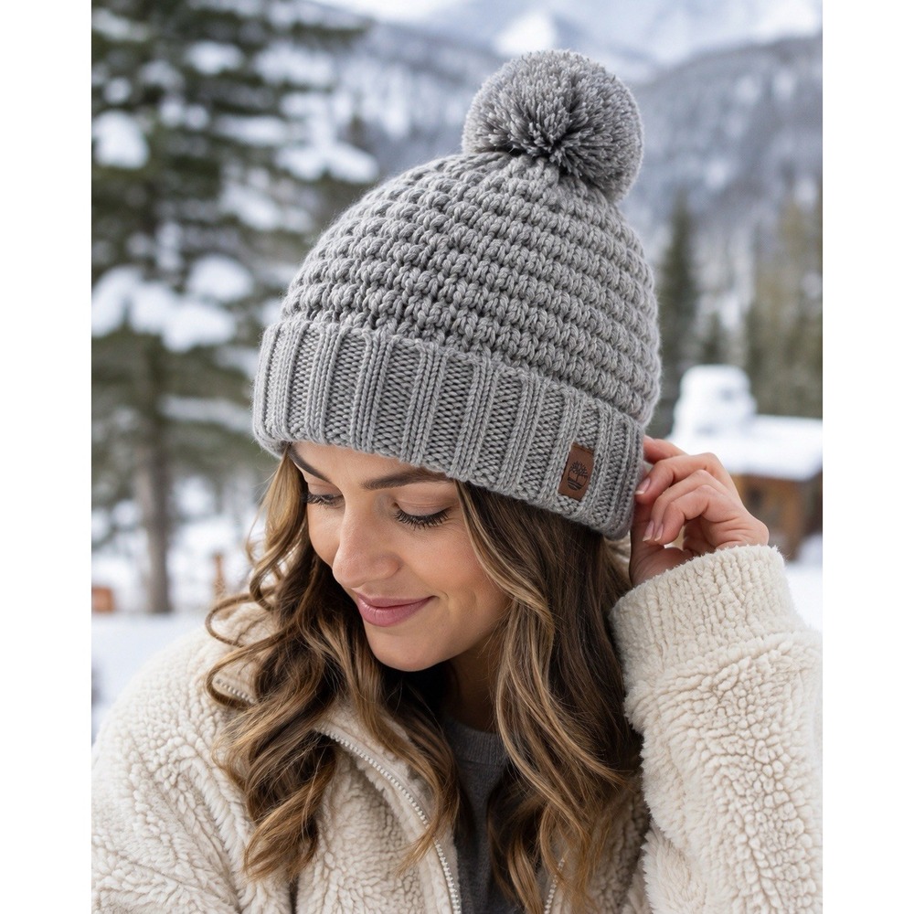 Timberland Gray Cable Knit Pom Beanie Sherpa Fleece Lined Winter Hat OS
